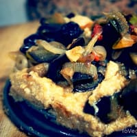 Amaranth flan with aubergine and cherry tomatoes