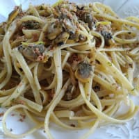 Linguine pasta with clams, bottarga and lemon zest