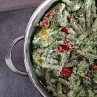 Legume pasta with broccoli, ricotta and peppers