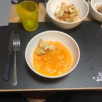 Potato and carrot soup with golden croutons