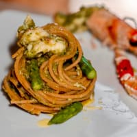 Yellow Lentil Spaghetti With Scampi And Asparagus Cream