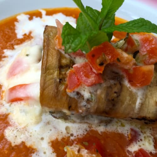 Rolled eggplant with stracciatela of Andalusian gazpacho