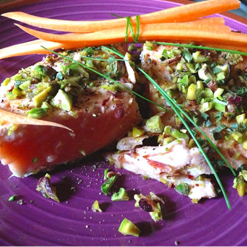 seared salmon fillet with chopped pistachios