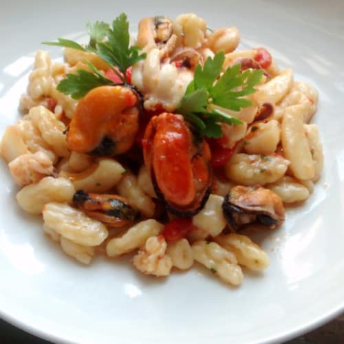 Homemade cavatelli with squid and mussels