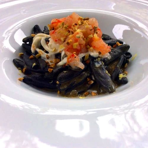 Strascinati charcoal with red prawn tartare