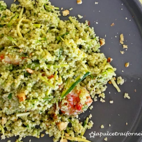 Cous cous with shrimp and arugula cream