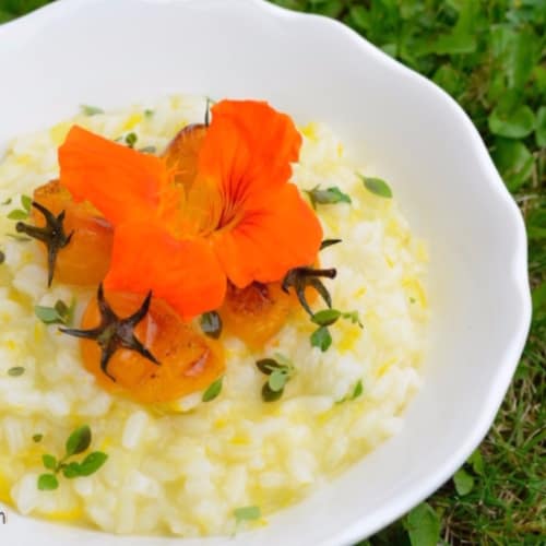 Risotto de calabaza y tomates cherry amarillo