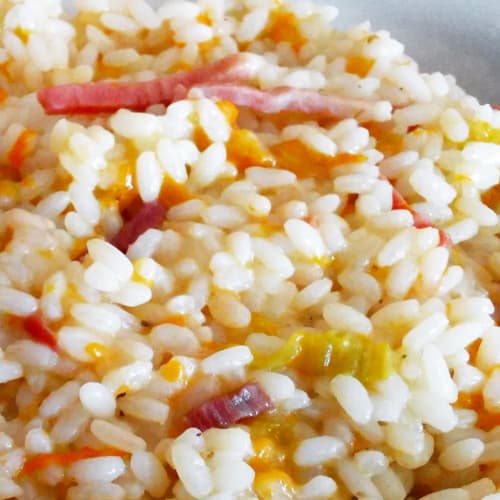 Risotto con flores de calabacín y bacon