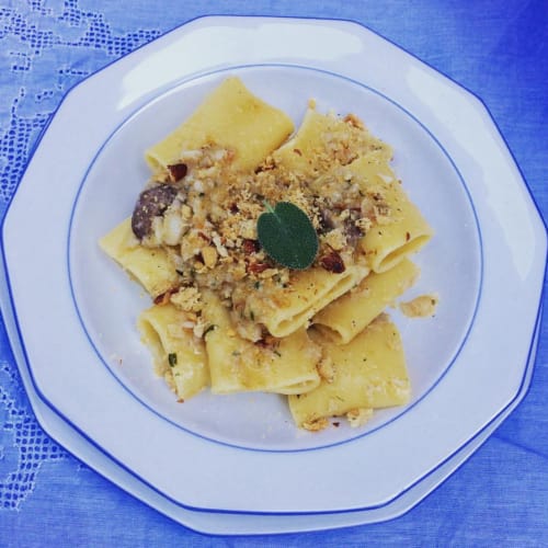 Paccheri gragnano with Genovese stockfish and grains tarallo