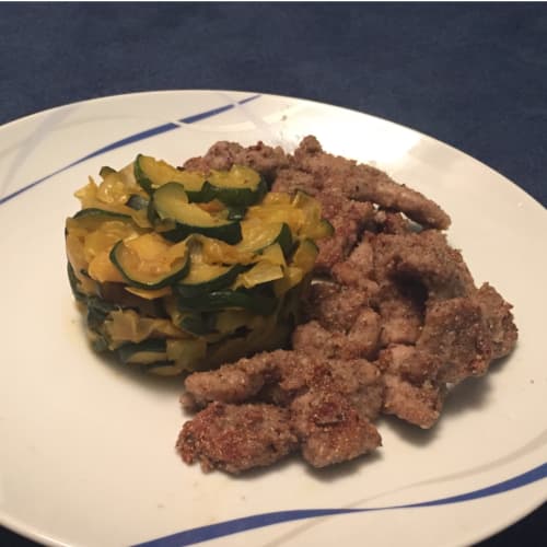 Strips of crispy veal with saffron courgettes