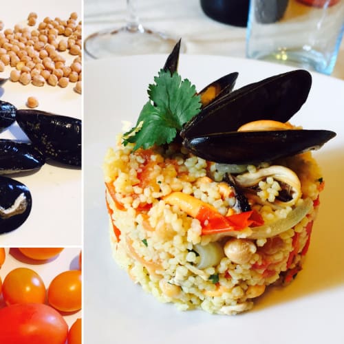 Cous cous salad, mussels and chickpeas