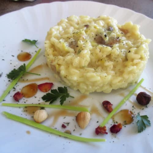 setas risotto, queso azul y avellanas