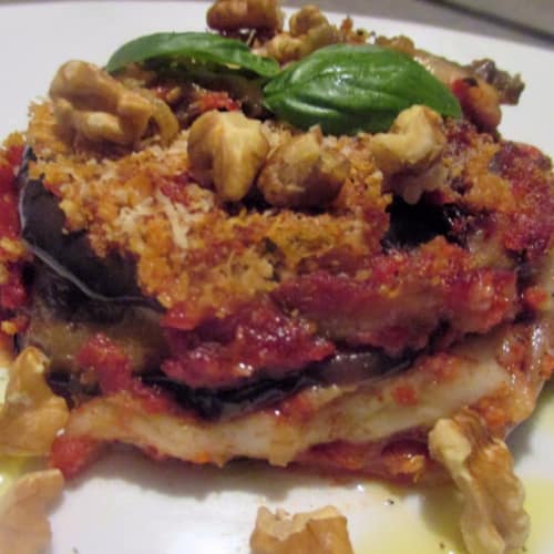 Parmigiana traditional but with smoked cheese and walnuts