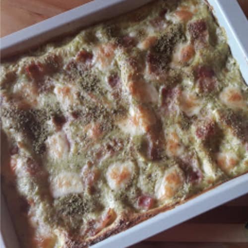 Lasagne with pistachio pesto and bacon