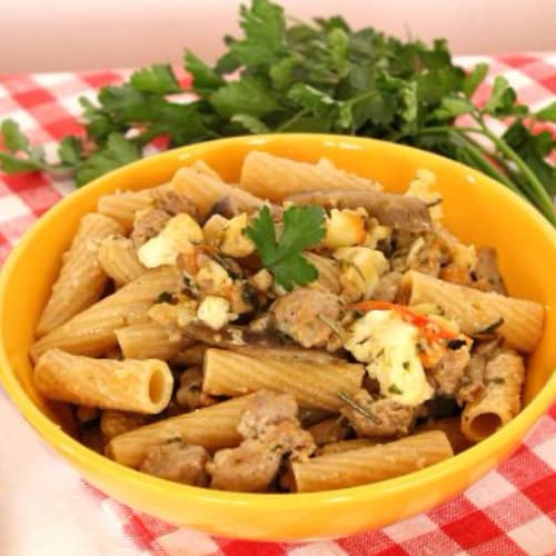 Rigatoni with cauliflower, sausage and mushrooms