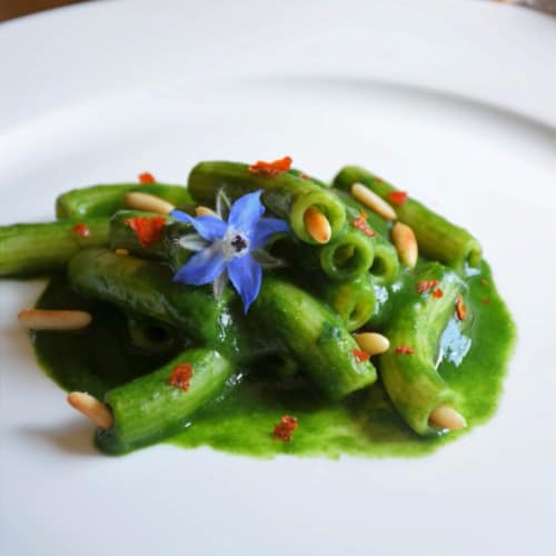 Sedani con crema di borragine e pinoli salati