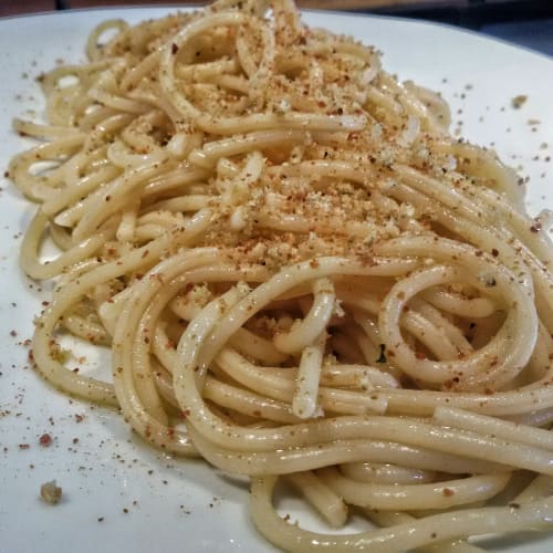 Spaghetti garlic chilli and bottarga oil