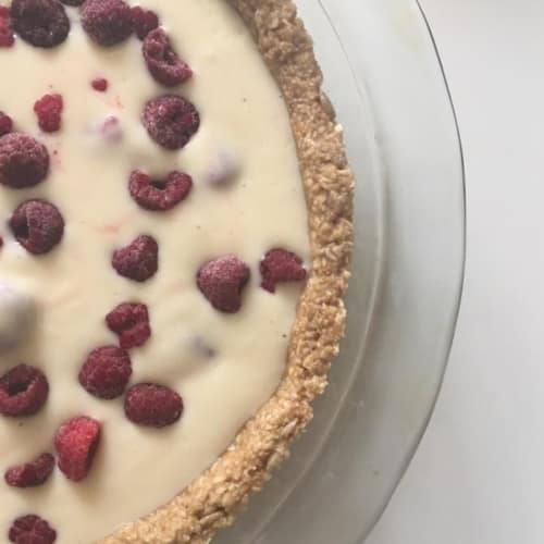 tarta base avena miel con frambuesa yoghurt