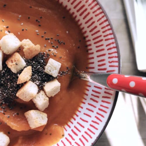 Cream of pumpkin and leek with croutons and chia seeds