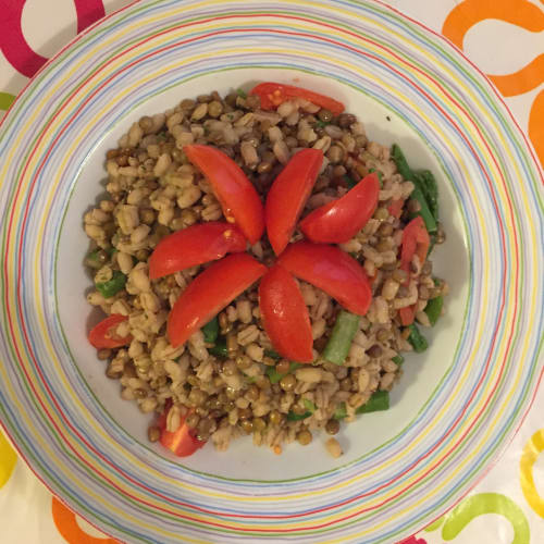 Barley with lentils, asparagus and cherry tomatoes