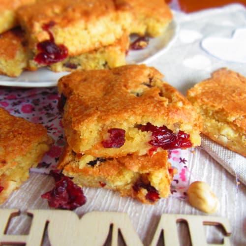 Blonde Brownies With Blueberries, White Chocolate And Hazelnuts