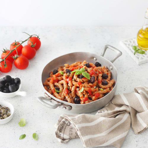 Tummyia busiate with cherry tomato, lilliput capers and olives