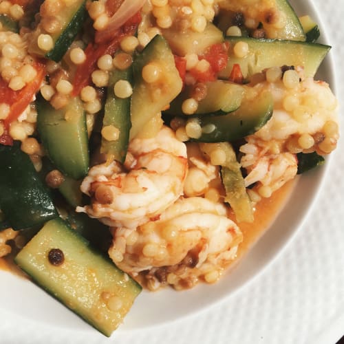 Sardinian escregola with courgettes and prawns