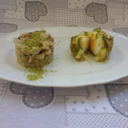 Boiled egg cake with zucchini and pistachio