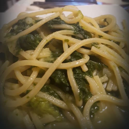 Spaghetti alla chitarra with turnip tops and light potatoes