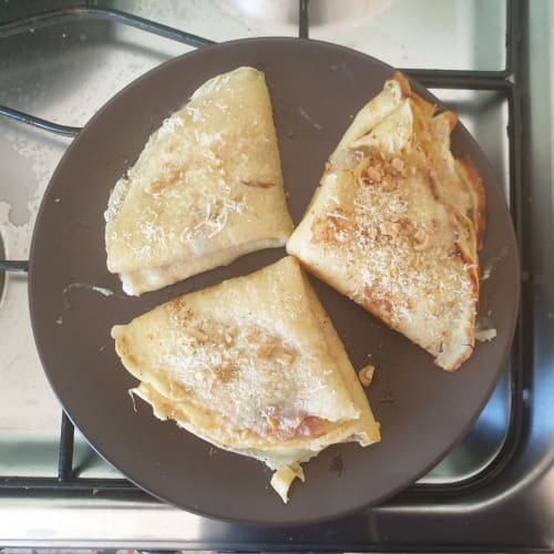 Salty gorgonzola, speck and walnut crepes