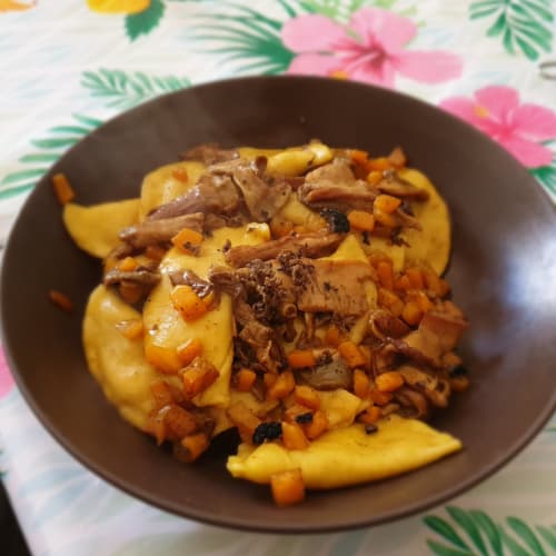 Calabaza ricotta y trufas salteadas con calabaza y champiñones porcini