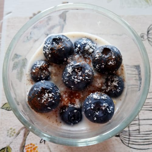 Almuerzo de avena con harina de coco, canela y arándanos.