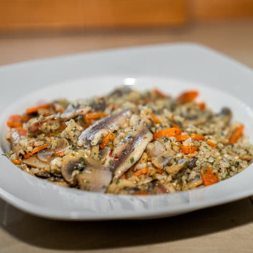 Brown Rice With Fresh Anchovies, Champignons and Carrots.