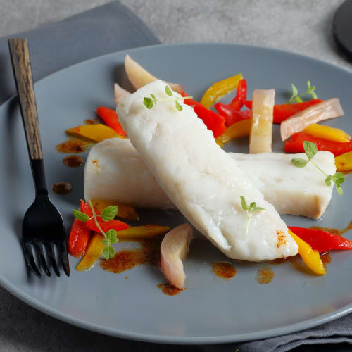 salt cod with aubergines and peppers