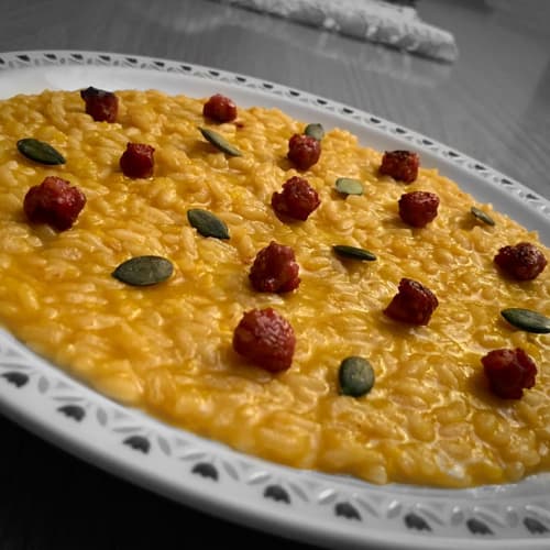 Risotto alla zucca, semi di zucca e salsiccia