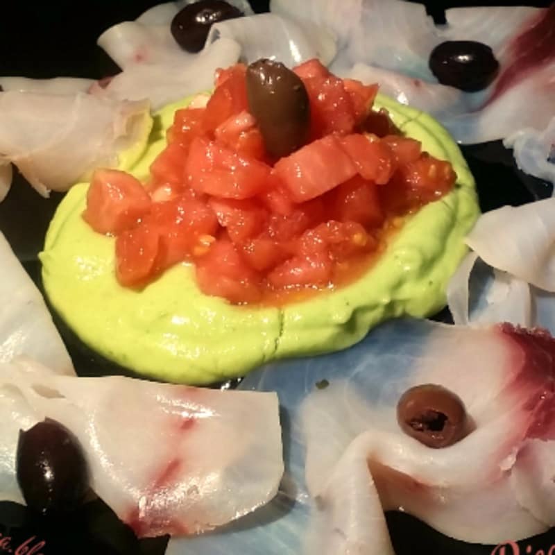swordfish carpaccio with avocado cream, olives