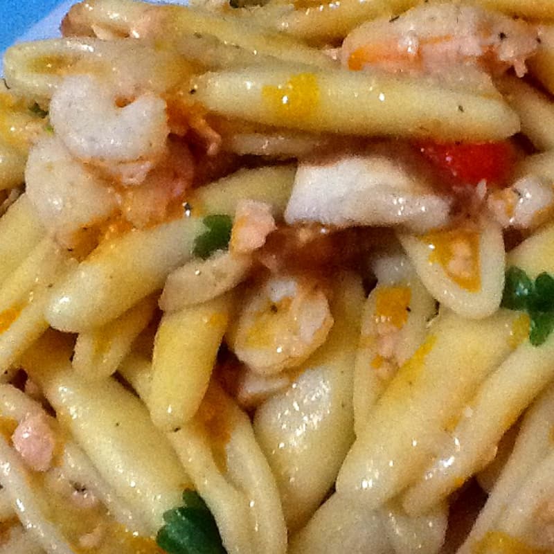 Pasta mushrooms pumpkin and shrimps