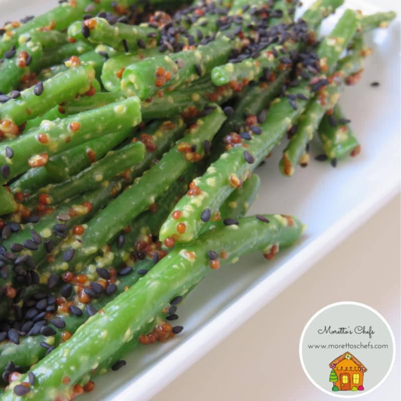 Green beans with mustard and crispy sesame