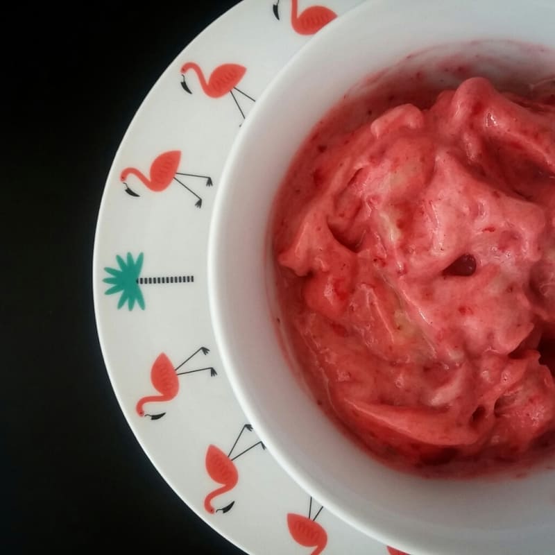 Fake banana ice cream and strawberries