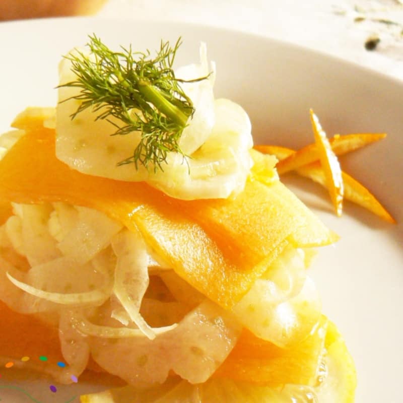 ensalada de calabaza amarilla, limón, naranja e hinojo