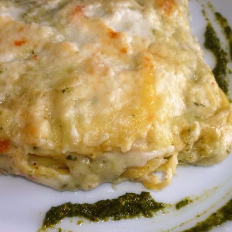 Baked lasagna with potato puree and pesto