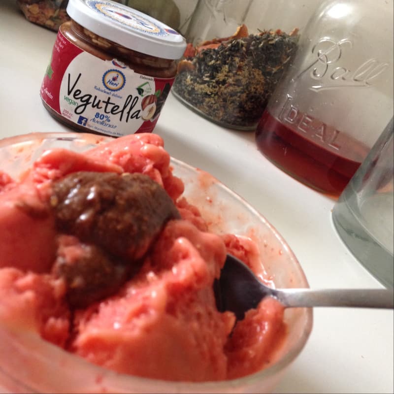 Milk-free raspberry ice cream with vegan nutlet