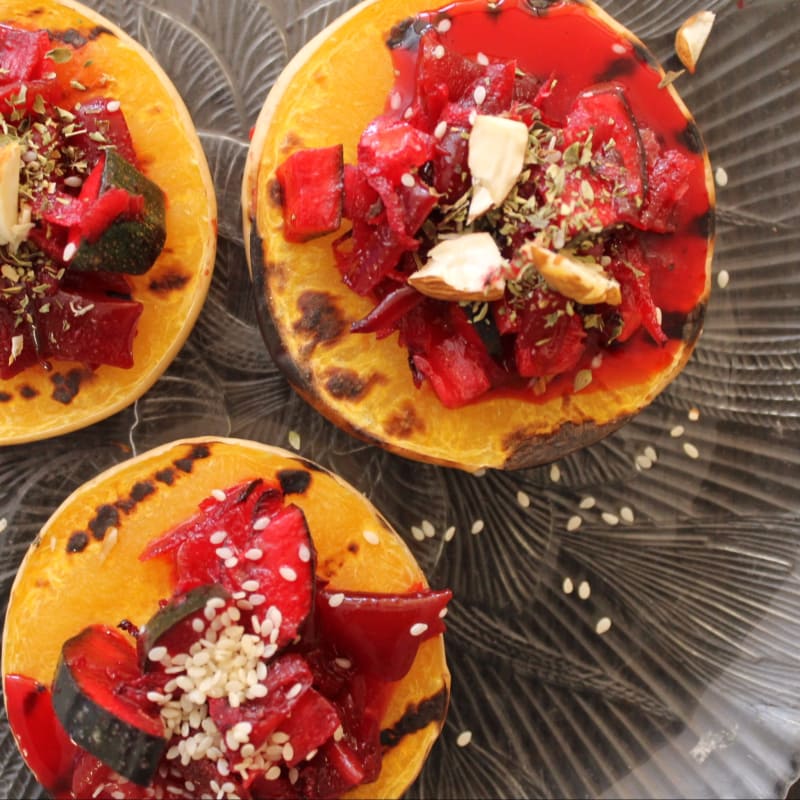 Tapas of pumpkin with ceviche of cochayuyo betarraga