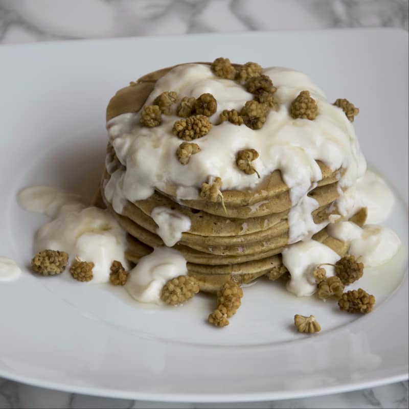 Pancakes with yogurt and mulberry