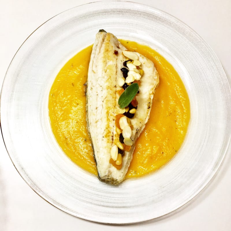 Sea bass with dried fruit and pumpkin cream