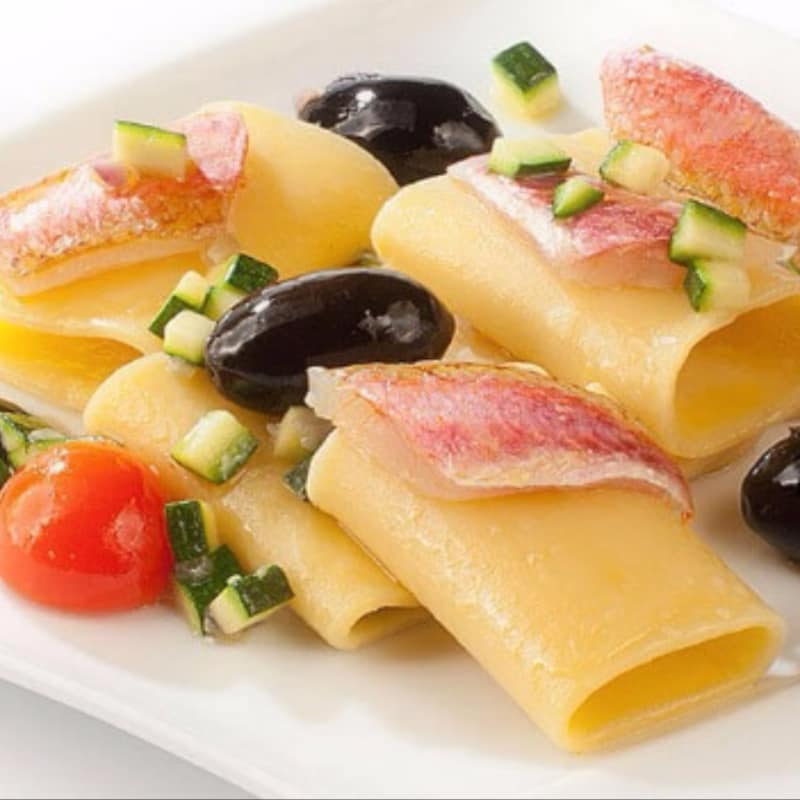 Paccheri con triglie e olive Nocellara del Belice Dop