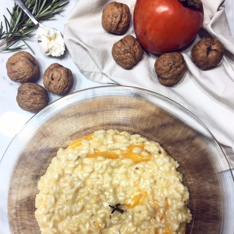 caquis y risotto de cabra