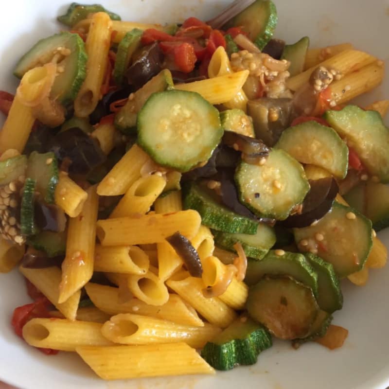 Corn penne with vegetable caponata