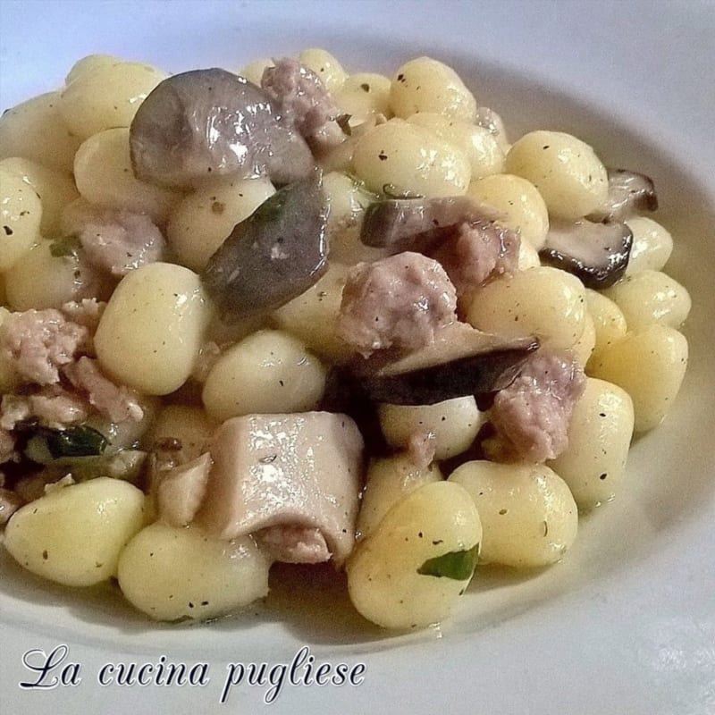 Gnocchi with sausage and cardoncelli mushrooms