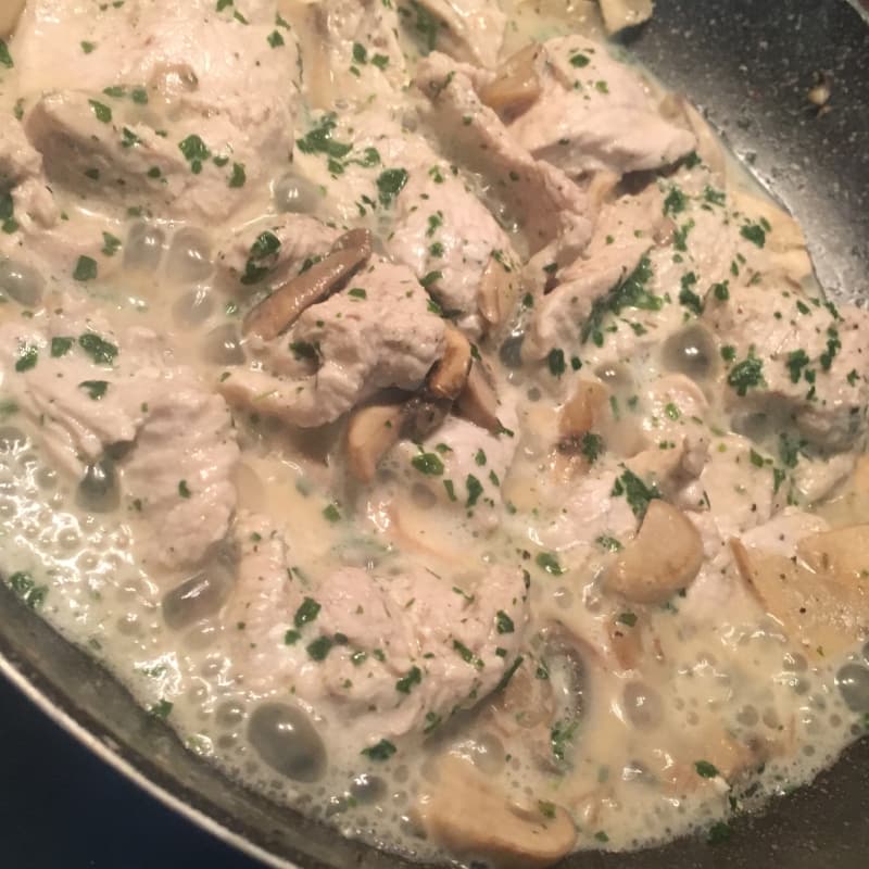 Chicken breast strips with champignon mushrooms